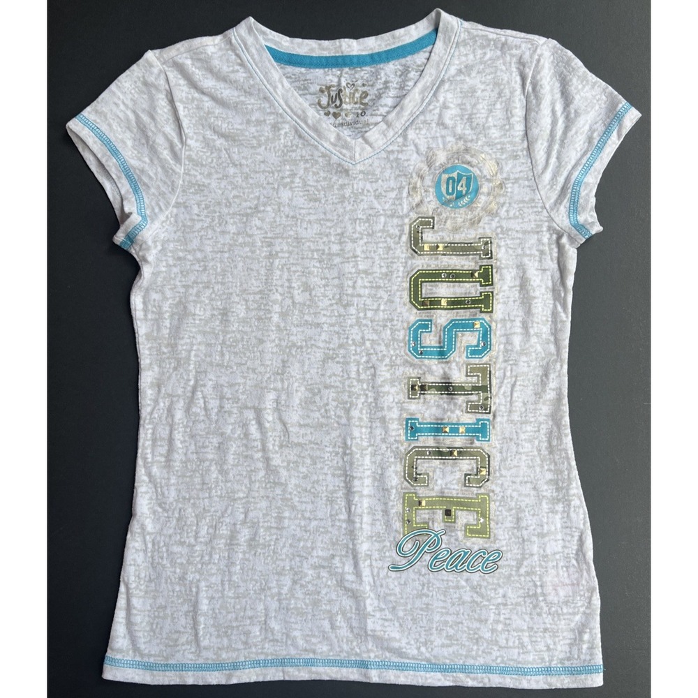 Justice Burnout Peace Shirt Girls Sz 10 White Graphic Print Rhinestones EUC